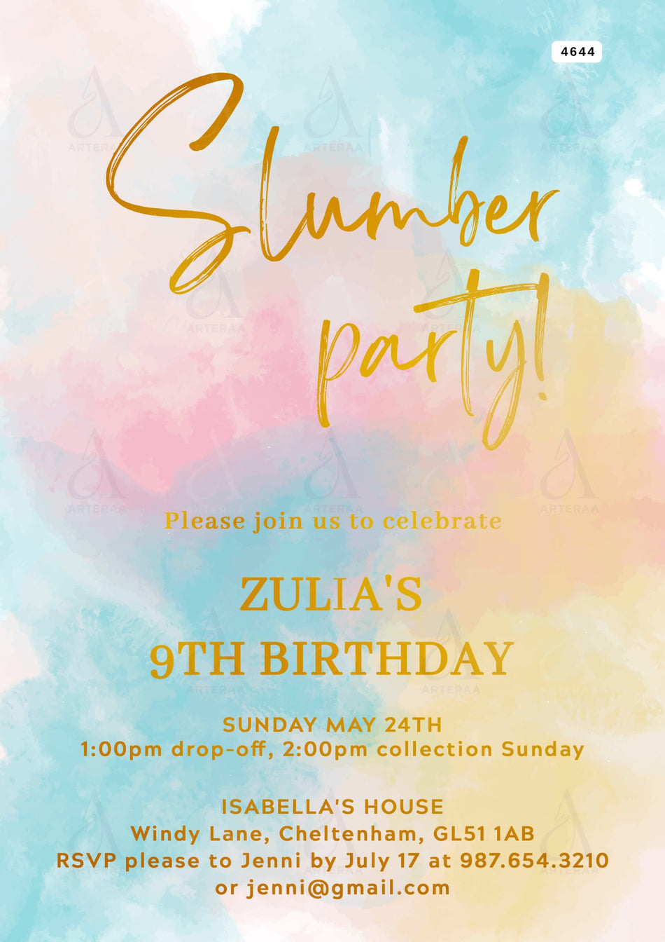 Slumber party invitation Editable Canva Template in english language with colorful theme design 4644