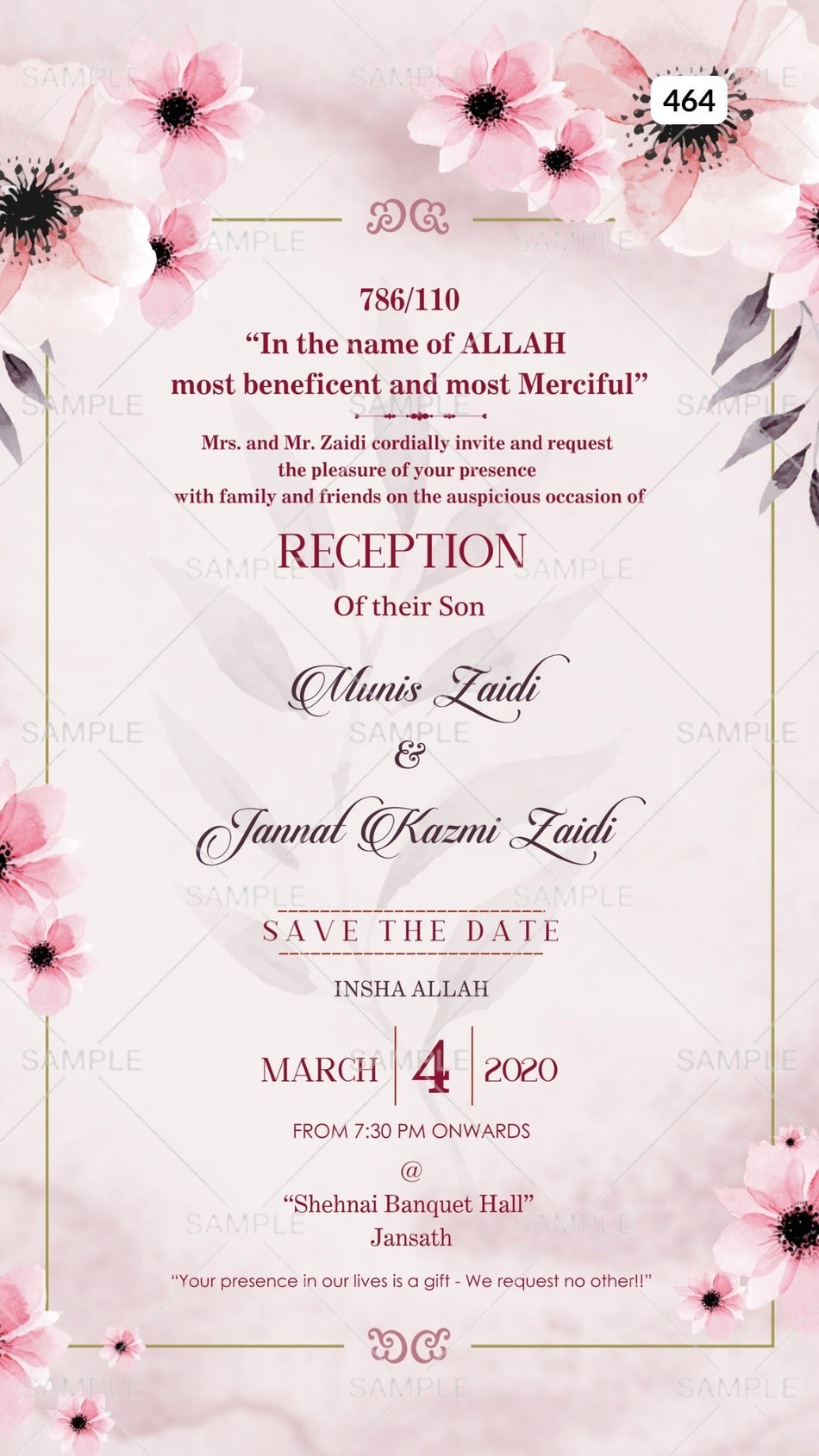 Reception Party invitation card Canva Editable Template in english language with pink flowers as floral theme design 464