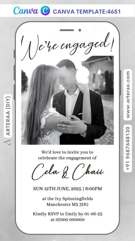 Engagement Party invitation card Editable Canva Template in english language with couple photo theme design 4651
