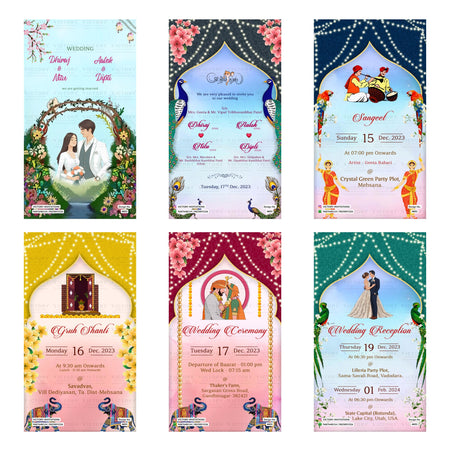 Indian wedding digital invitation card set 4651 featuring Dhiraj and Aalok with Nitu and Dipti, Sangeet, Gruh Shanti, Wedding Ceremony, and Wedding Reception templates.