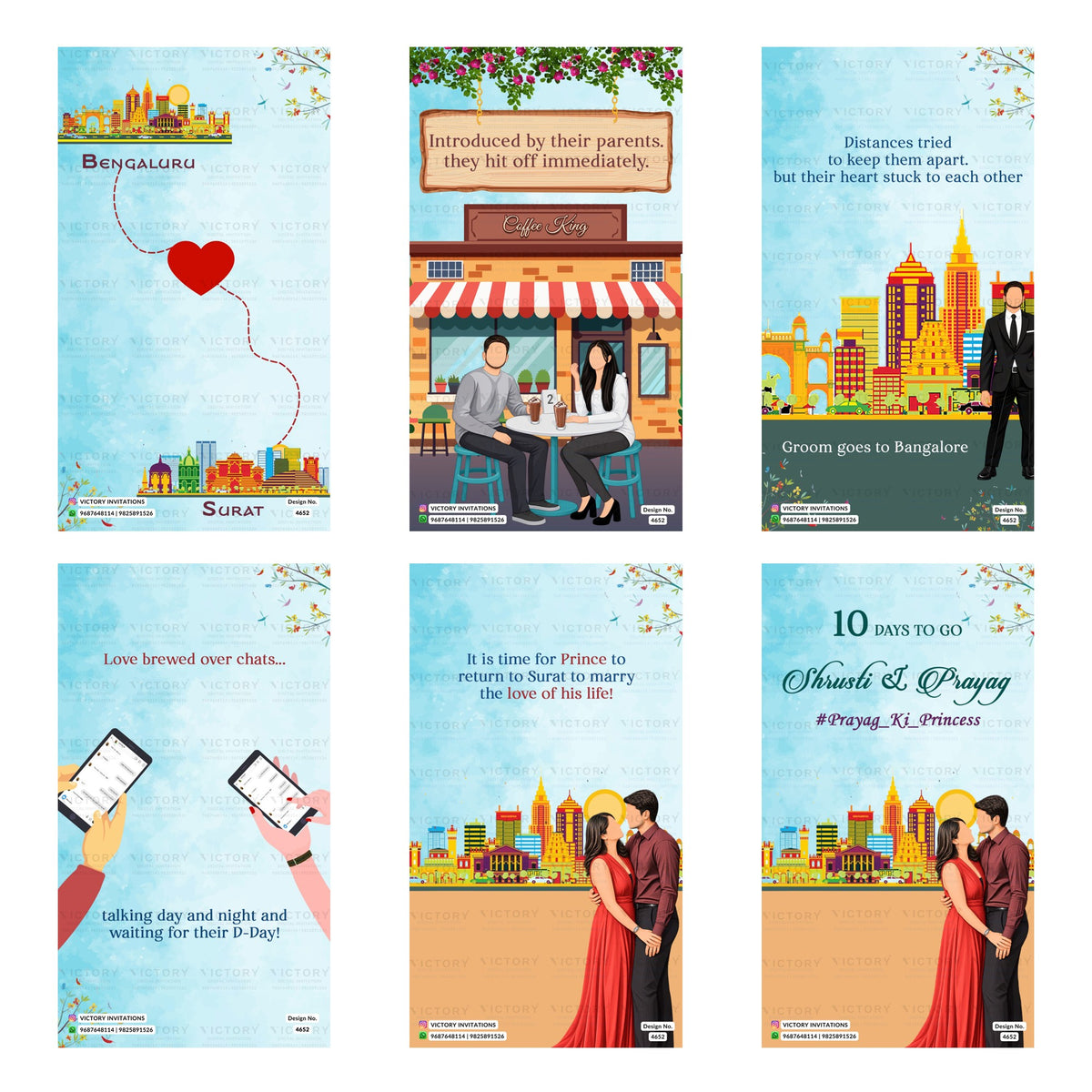 Modern Indian wedding digital invitation card set 4652 featuring Shrusti and Prayag templates with a long-distance love story theme between Bengaluru and Surat   