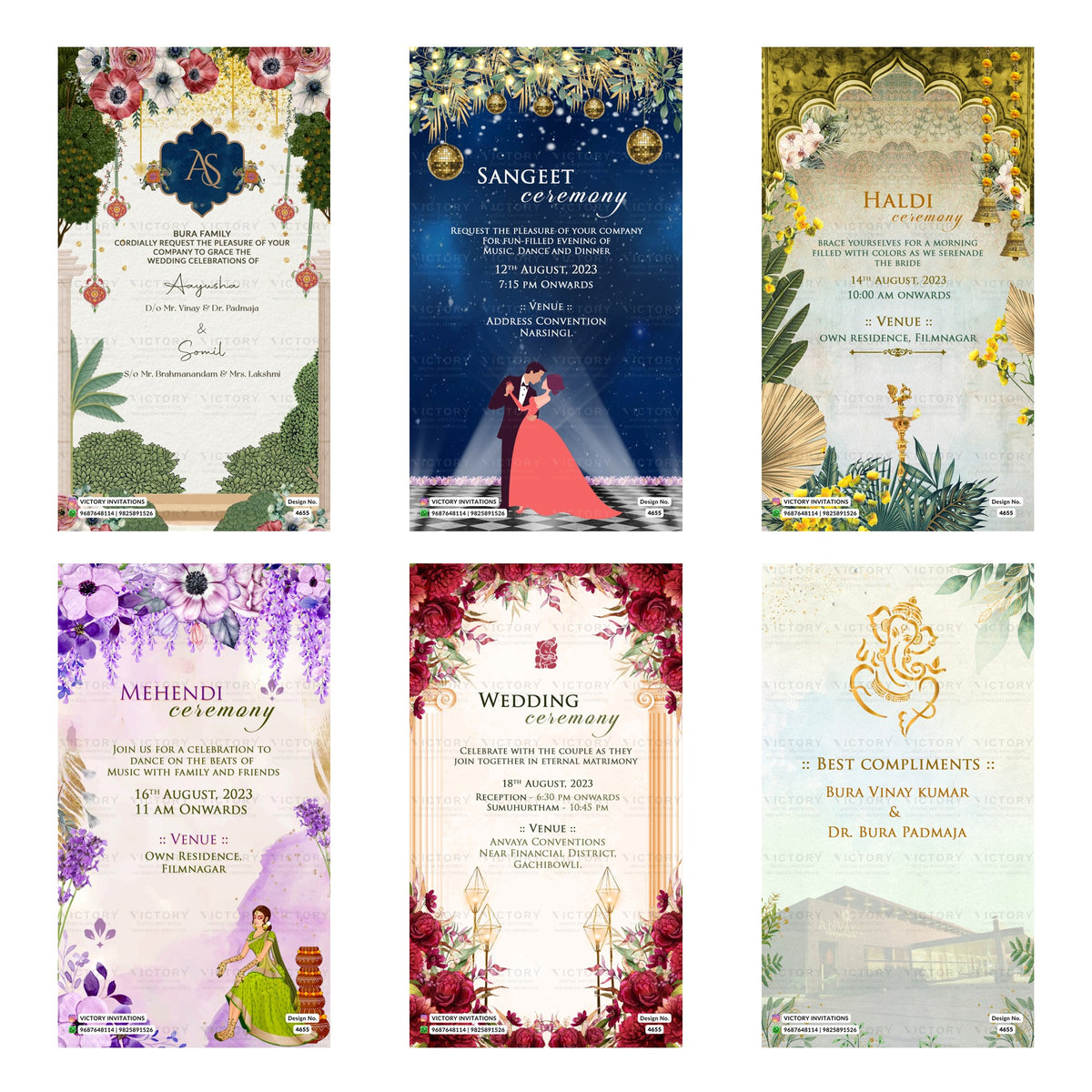 Indian wedding digital invitation card set 4655 featuring Aayusha and Somil, Sangeet Ceremony, Haldi Ceremony, Mehendi Ceremony, and Wedding Ceremony templates.