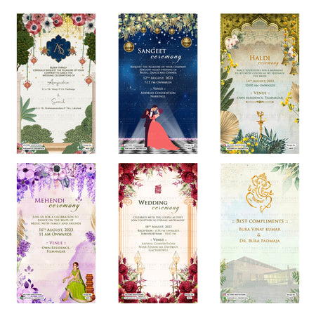 Indian wedding digital invitation card set 4655 featuring Aayusha and Somil, Sangeet Ceremony, Haldi Ceremony, Mehendi Ceremony, and Wedding Ceremony templates.
