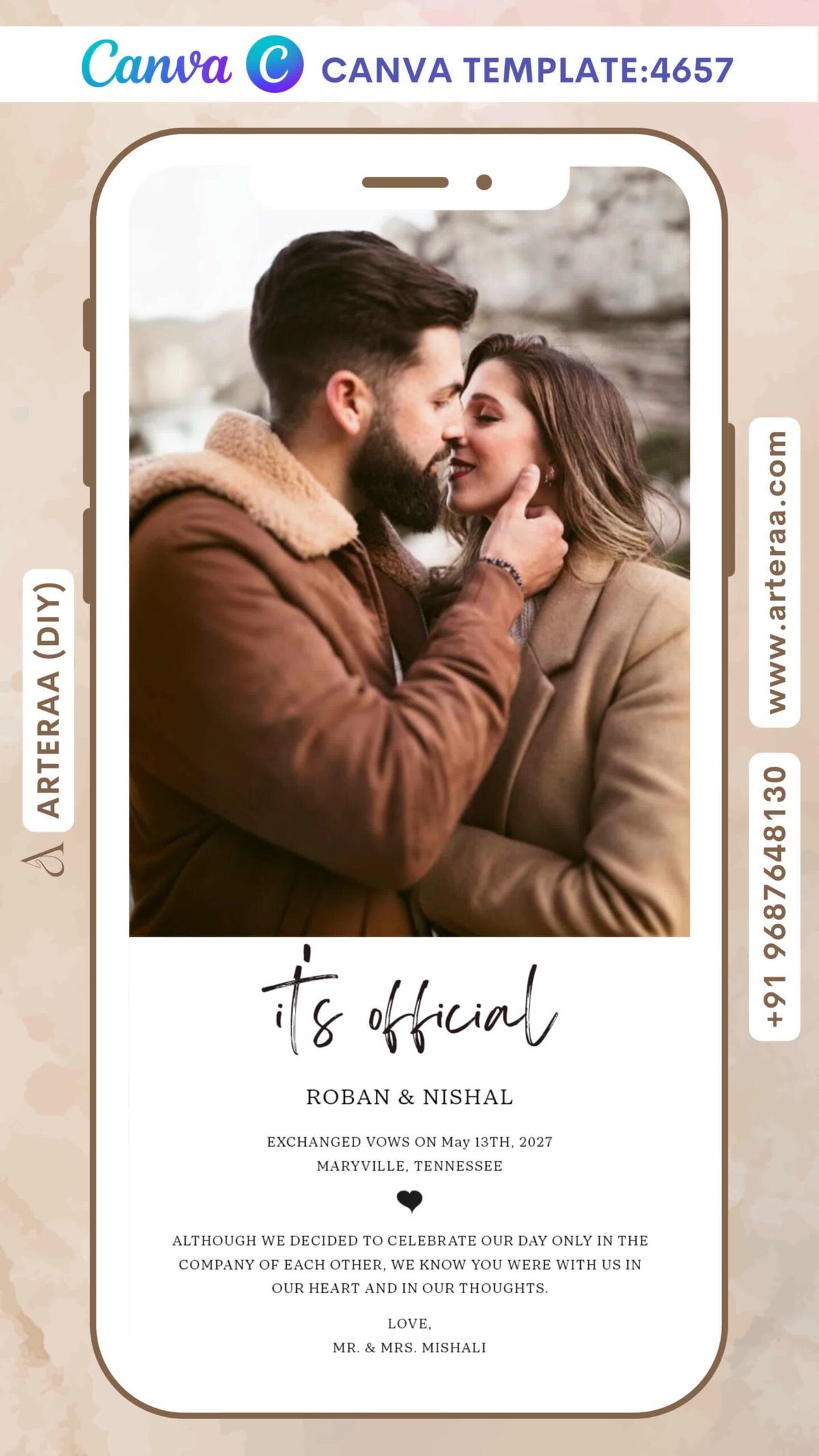 Wedding annoucement invitation Editable Canva Template in english language with couple photo theme design 4657