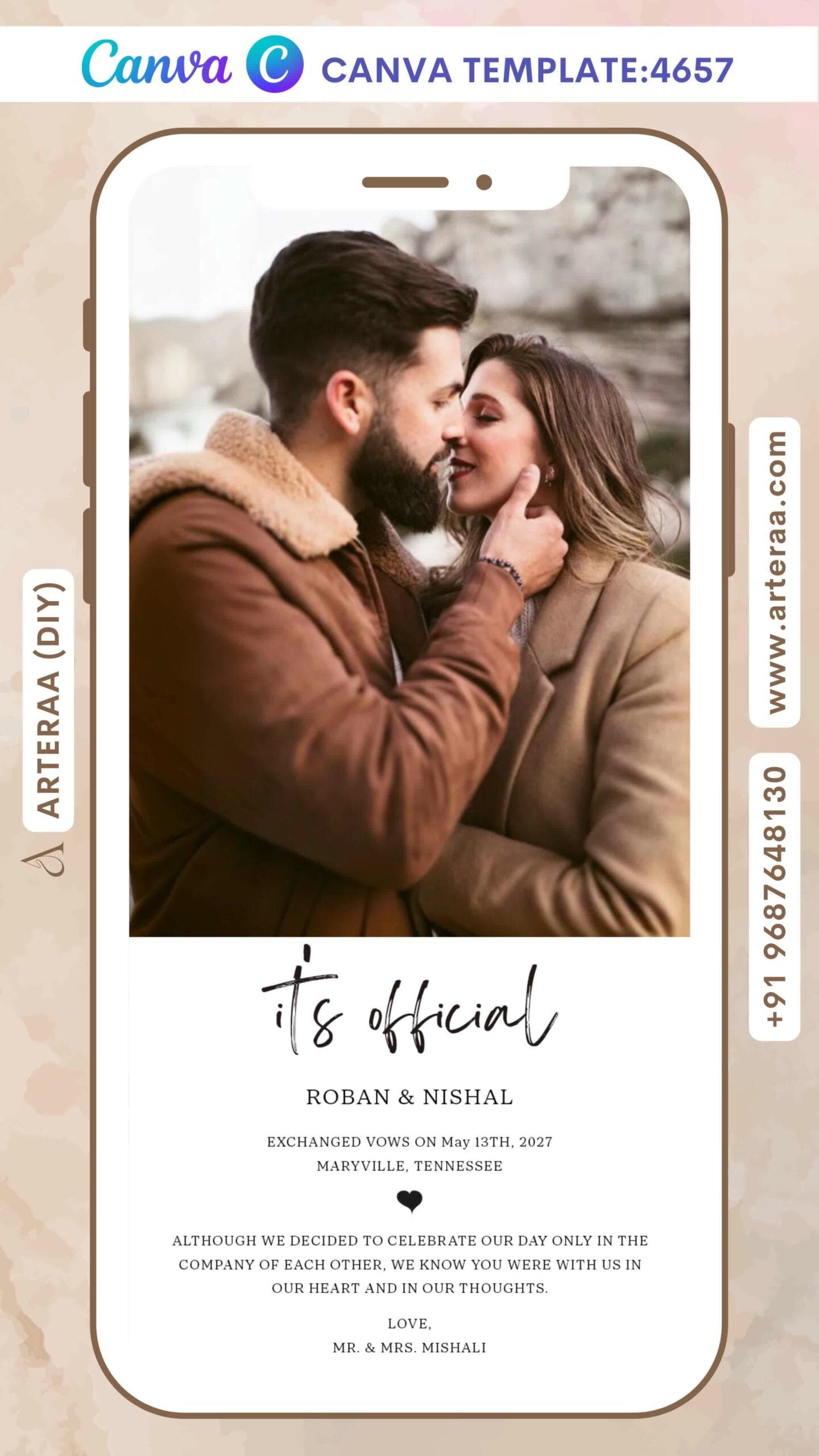 Wedding annoucement invitation Editable Canva Template in english language with couple photo theme design 4657