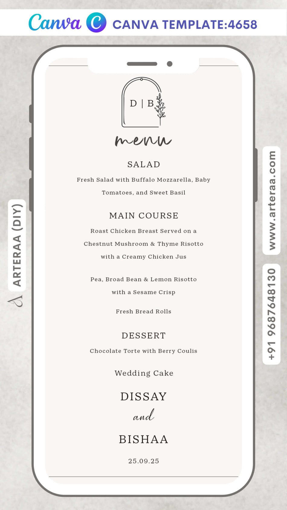 Wedding Food Menu card for restaurant Editable CanvaTemplate for in english language with minimalistic theme design 4658