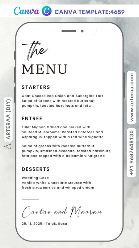 Wedding Food Menu card for restaurant Editable CanvaTemplate for in english language with minimalistic theme design 4659