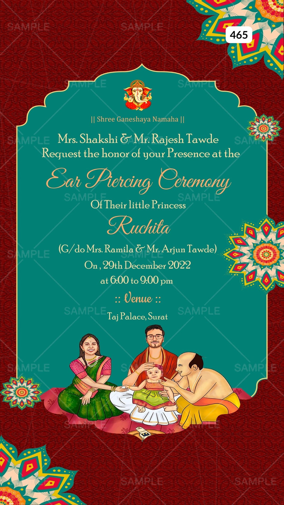 Ear Piercing ceremony invitation card Canva Editable Template in english language with mandala as arch frame theme design 465