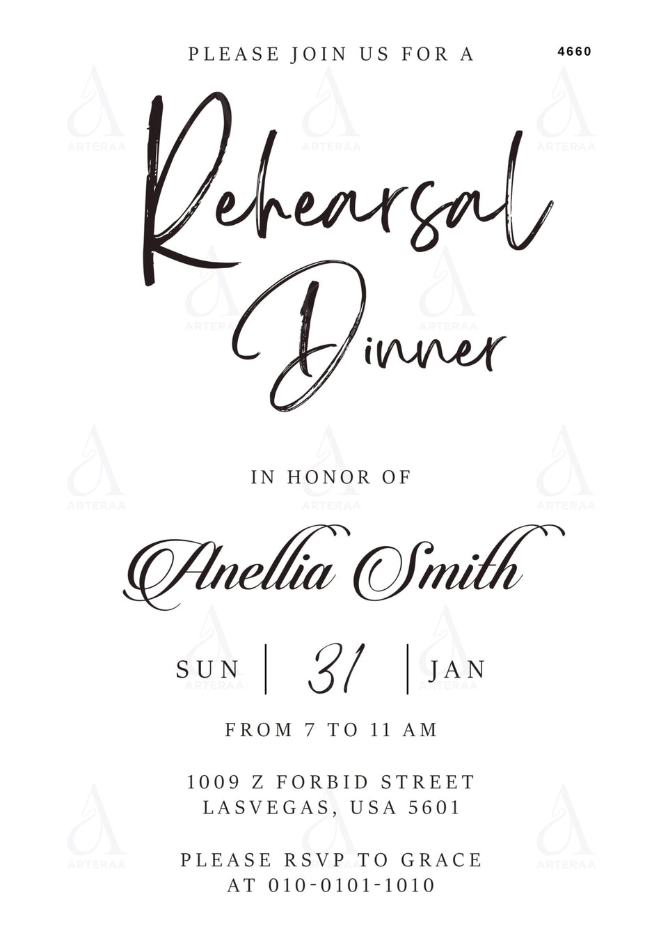 Rehearsal Dinner invitation Editable Canva Template in english language with minimalistic theme design 4660