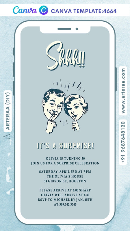 Surprise Celebration invitation card Editable Canva Template in english language with minimaalistic theme design 4664