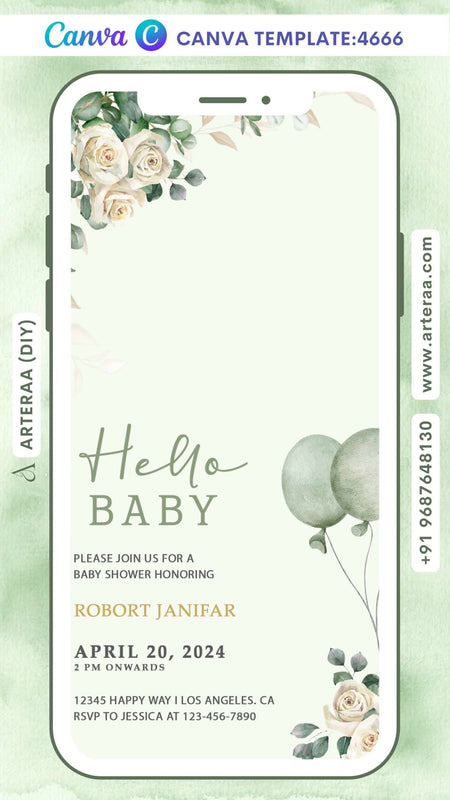 Baby Shower invitation card Editable Canva Template in english language with floral theme design 4666