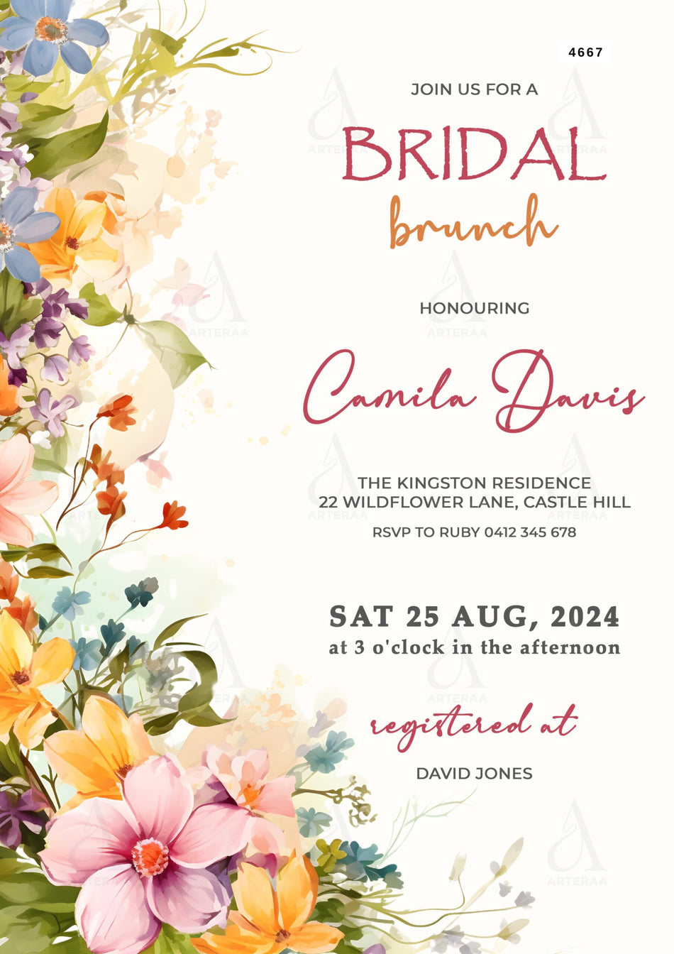 Bridal brunch invitation card Editable CanvaTemplate in english language with floral theme design 4667