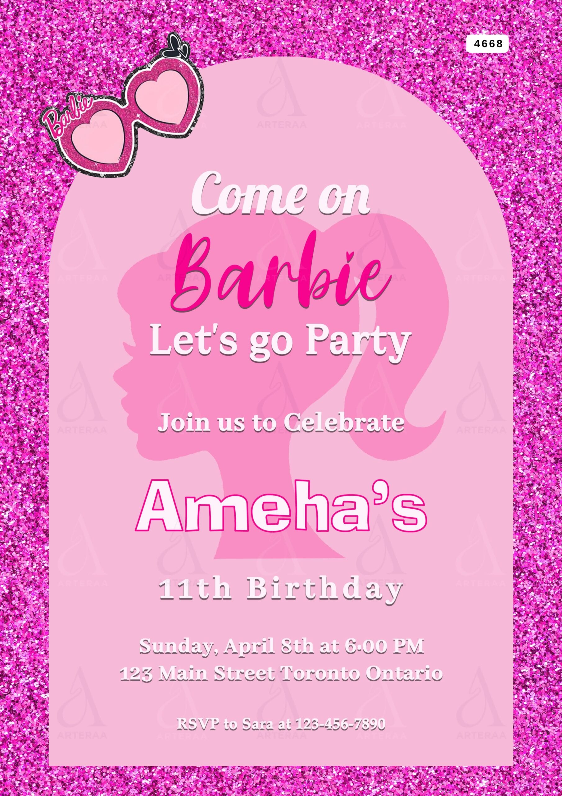 Birthday party invitation card Editable CanvaTemplate for in english language with barbie, glass as glittery theme design 4668