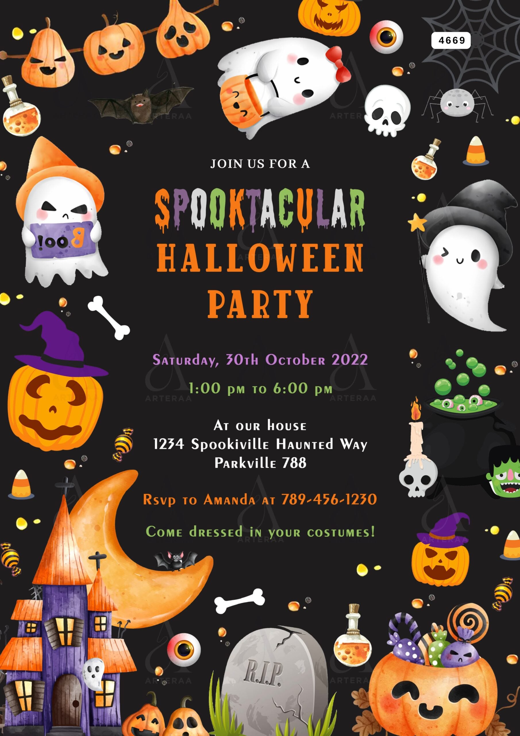 Halloween Party invitation card Canva Editable Template in english language with ghost, pumpkin as haunted theme design 4669