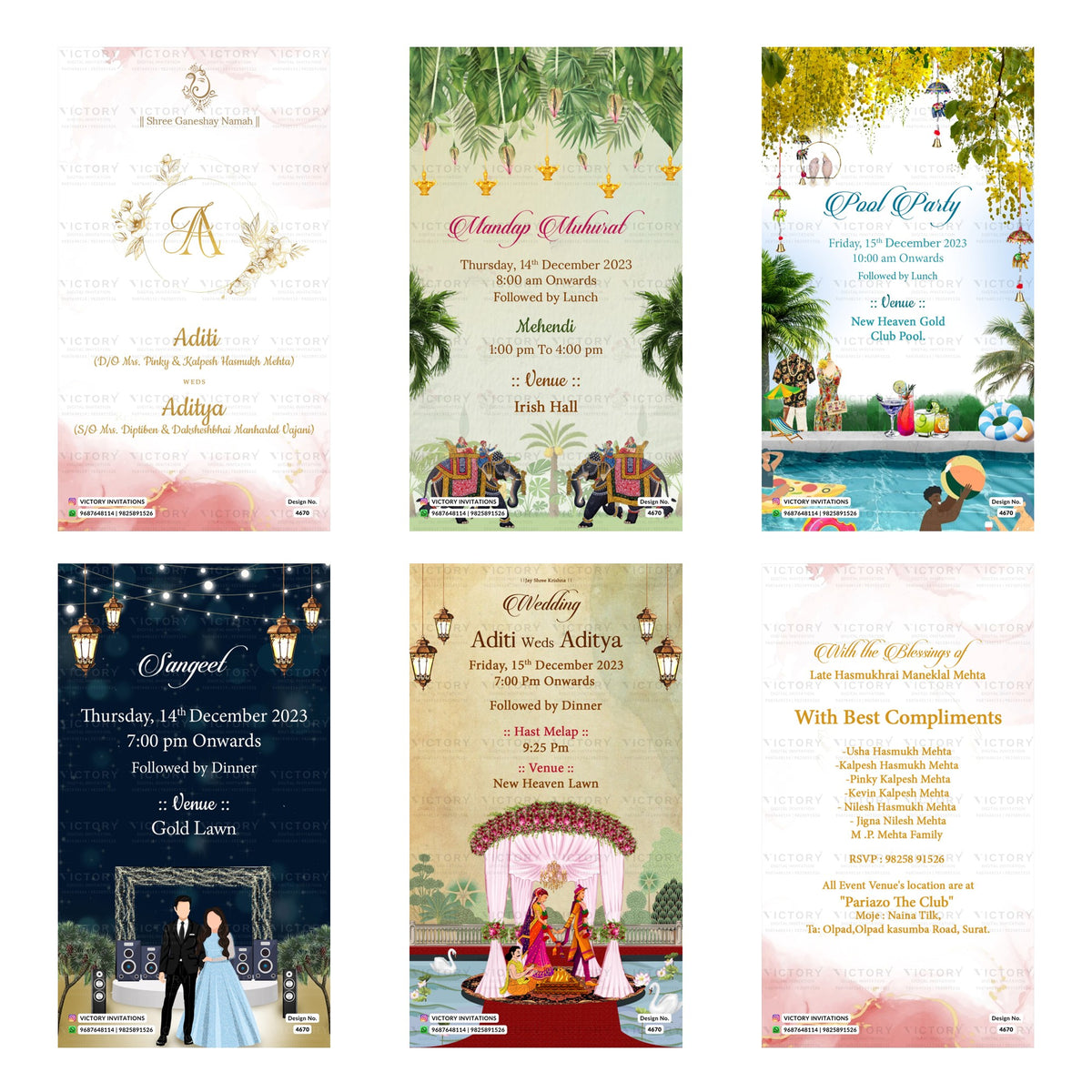 Indian wedding digital invitation card set 4670 featuring Aditi and Aditya, Mandap Muhurat, Pool Party, Sangeet, and Wedding templates.