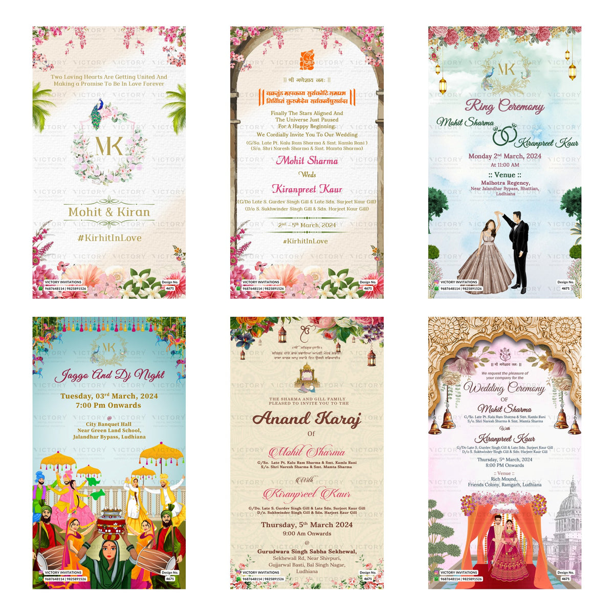 Indian wedding digital invitation card set 4671 featuring Mohit Sharma and Kiranpreet Kaur, Ring Ceremony, Jaggo And Dj Night, Anand Karaj, and Wedding Ceremony templates.