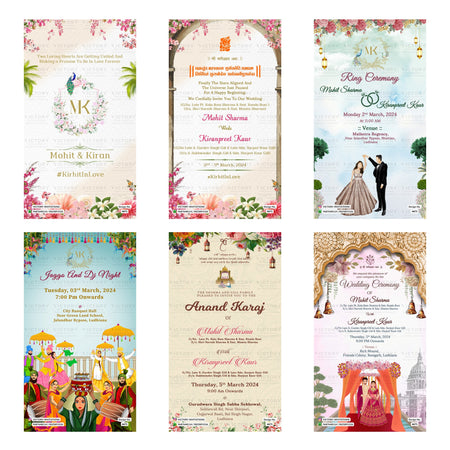Indian wedding digital invitation card set 4671 featuring Mohit Sharma and Kiranpreet Kaur, Ring Ceremony, Jaggo And Dj Night, Anand Karaj, and Wedding Ceremony templates.
