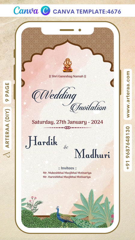 Wedding ceremony invitation Canva Editable video Template of hindu gujarati kathiyawadi family in gujarati language with arch theme design 4676