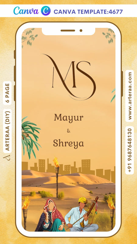 Wedding ceremony invitation Canva Editable video Template of hindu rajasthani rajput family in english language with desert theme design 4677