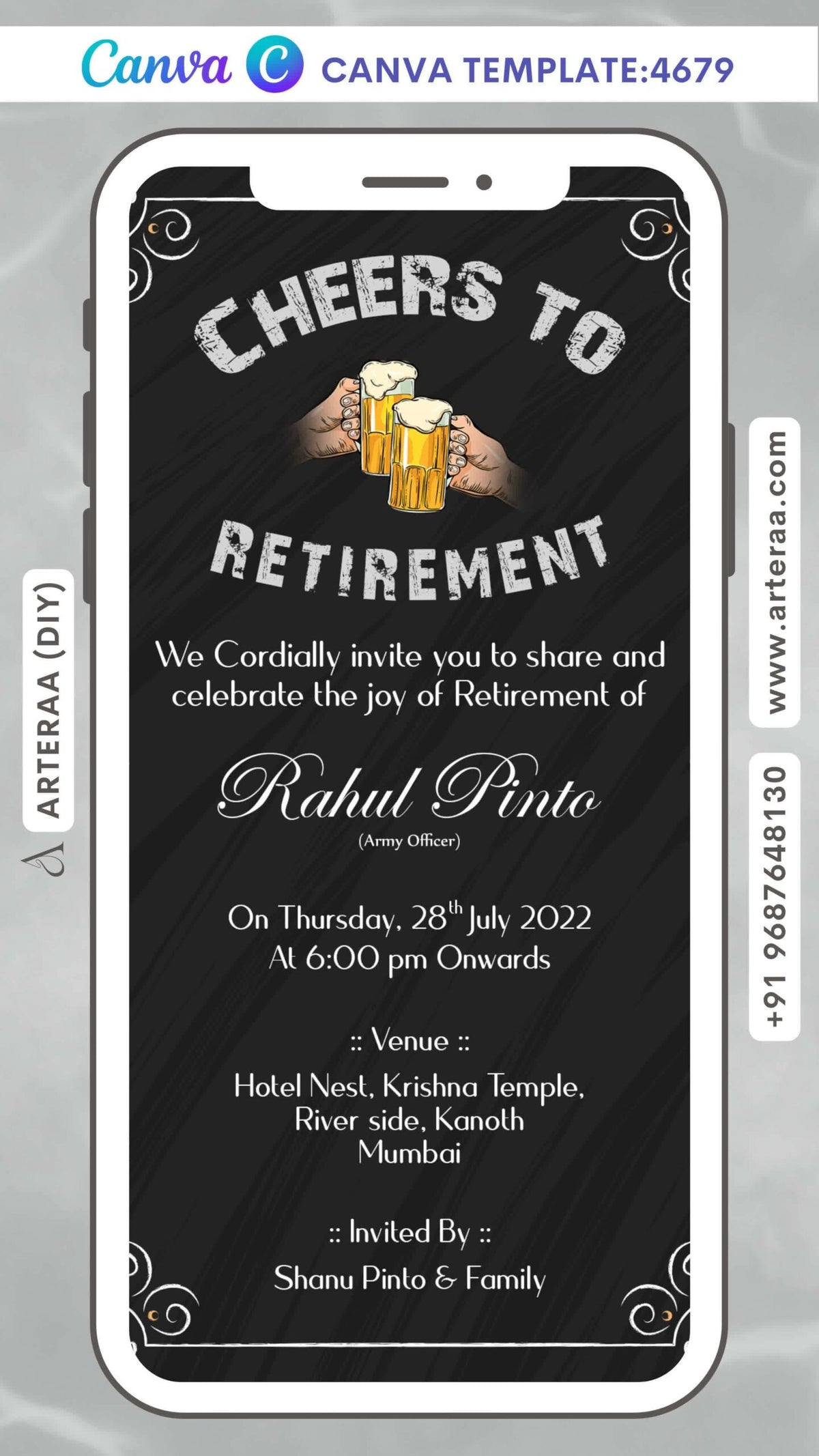Retirement Party invitation card Editable CanvaTemplate in english language with minimalistic theme design 4679