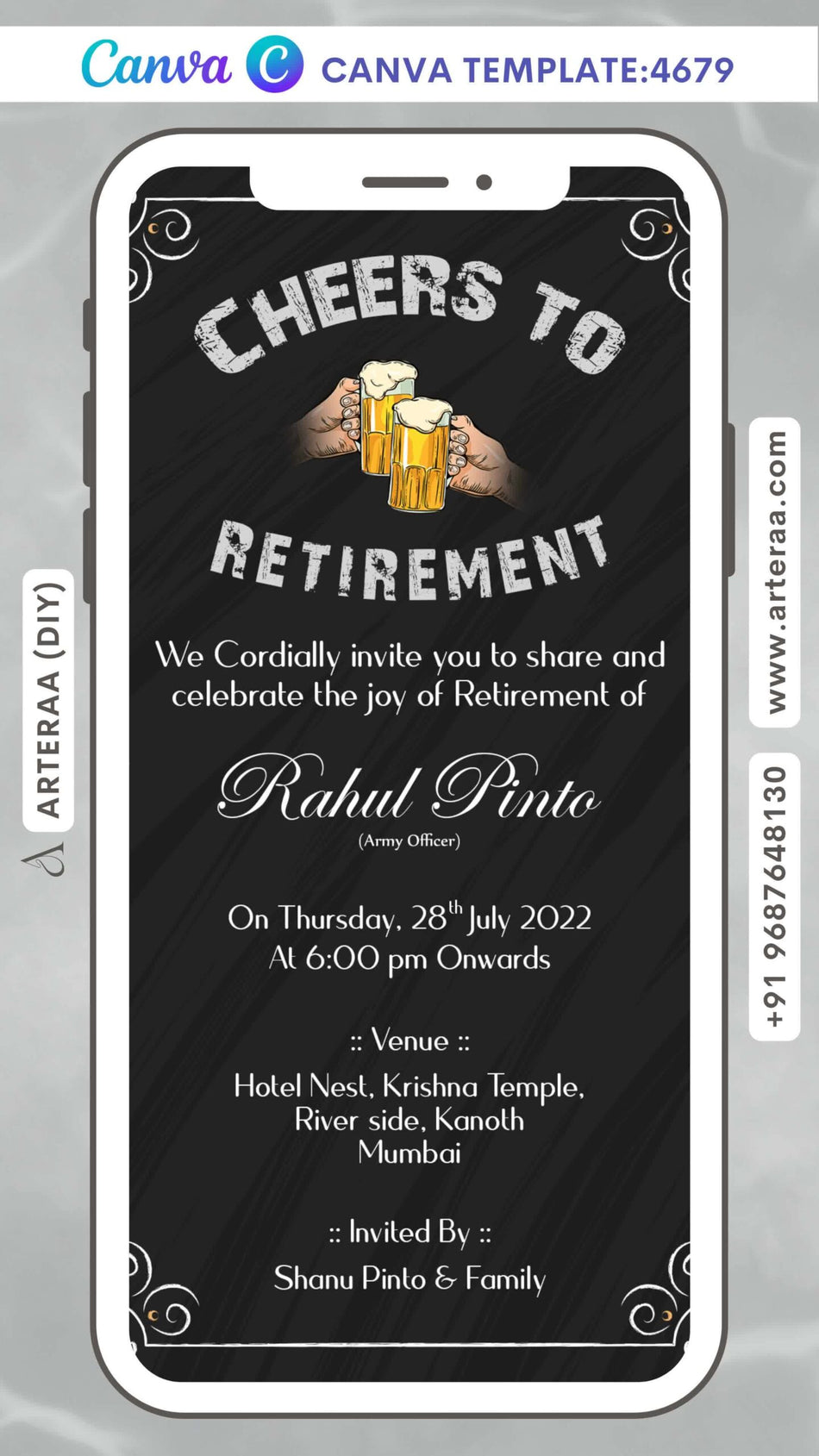 Retirement Party invitation card Editable CanvaTemplate in english language with minimalistic theme design 4679
