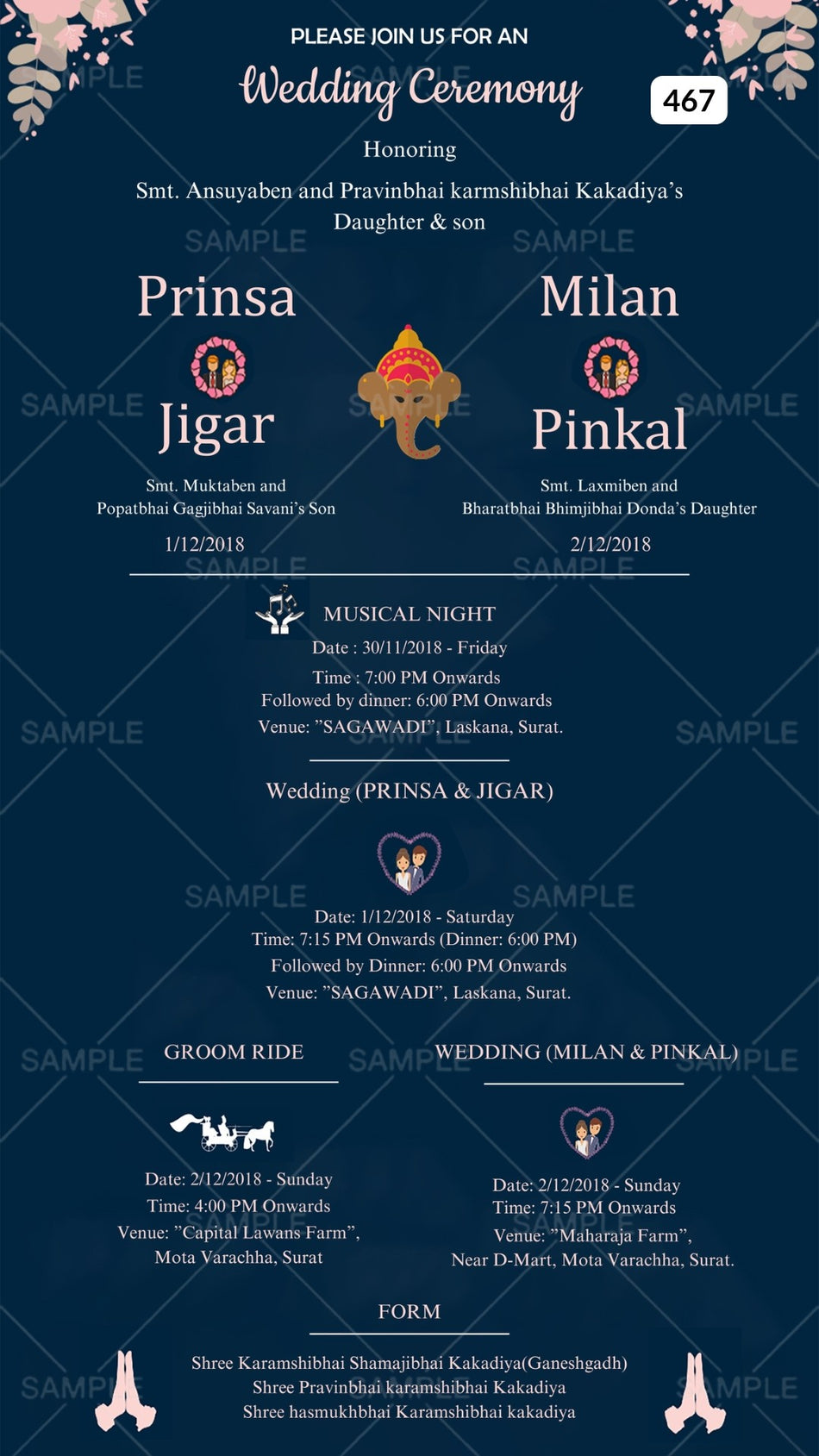 Wedding ceremony invitation card Canva Editable Template of hindu gujarati patel family in english language with Minimalistic theme design 467