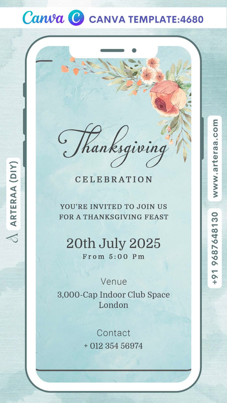 Thanksgiving invitation card Editable CanvaTemplate in english language with minimalistic theme design 4680