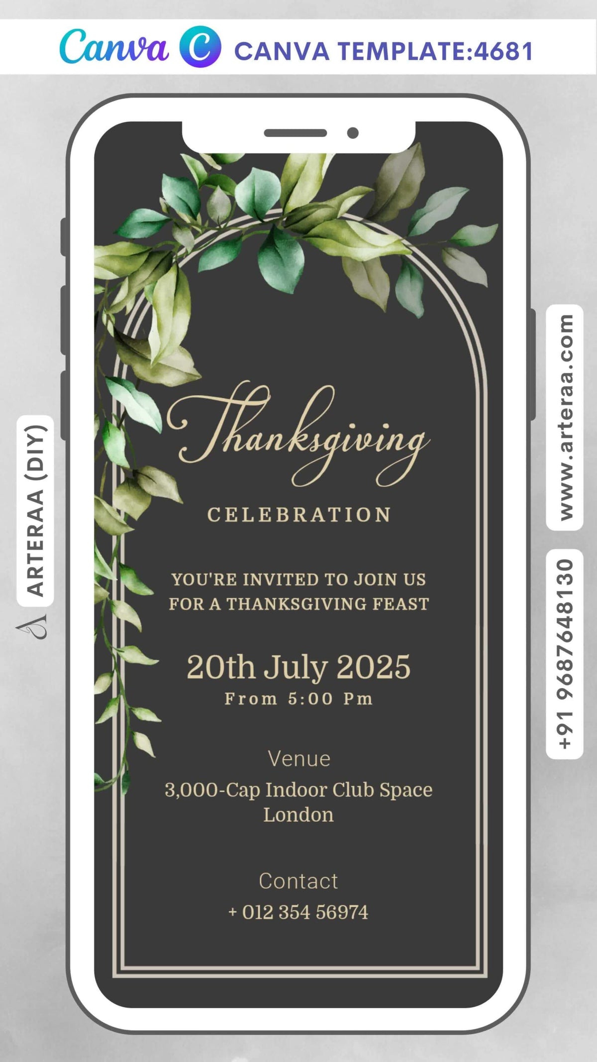 Thanksgiving invitation card Editable CanvaTemplate in english language with minimalistic theme design 4681