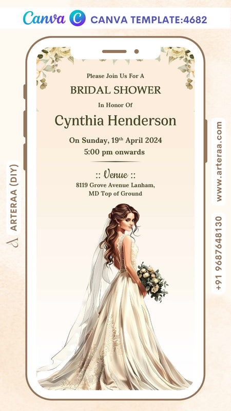 Bridal Shower invitation card Editable CanvaTemplate in english language with floral theme design 4682