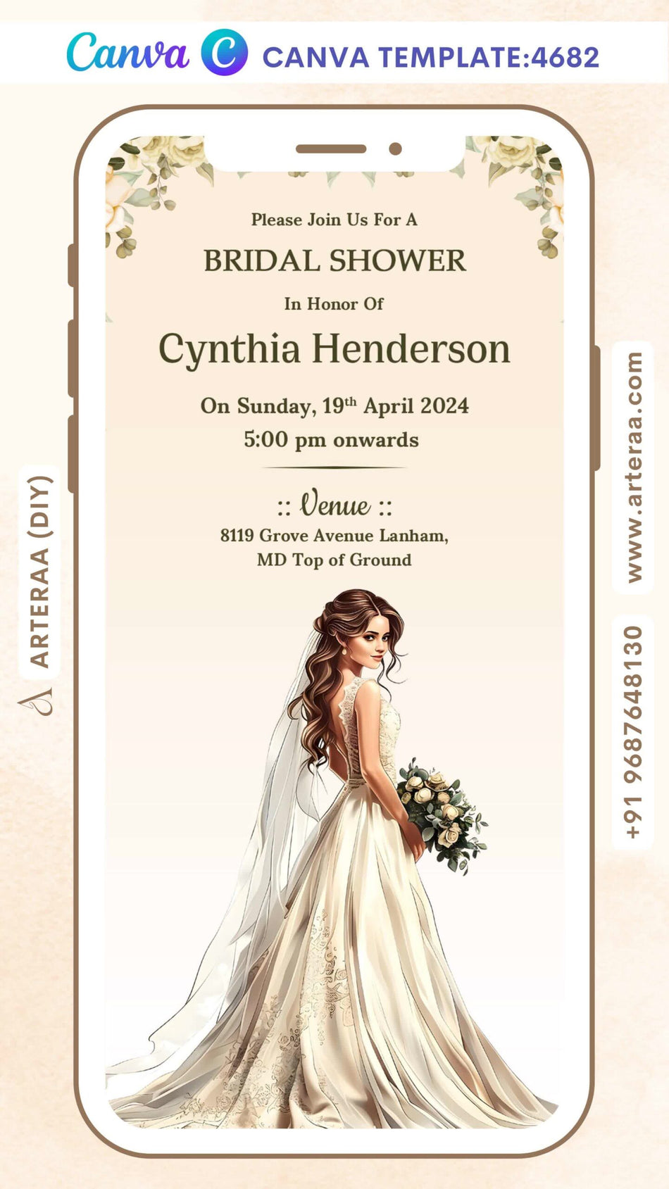 Bridal Shower invitation card Editable CanvaTemplate in english language with floral theme design 4682