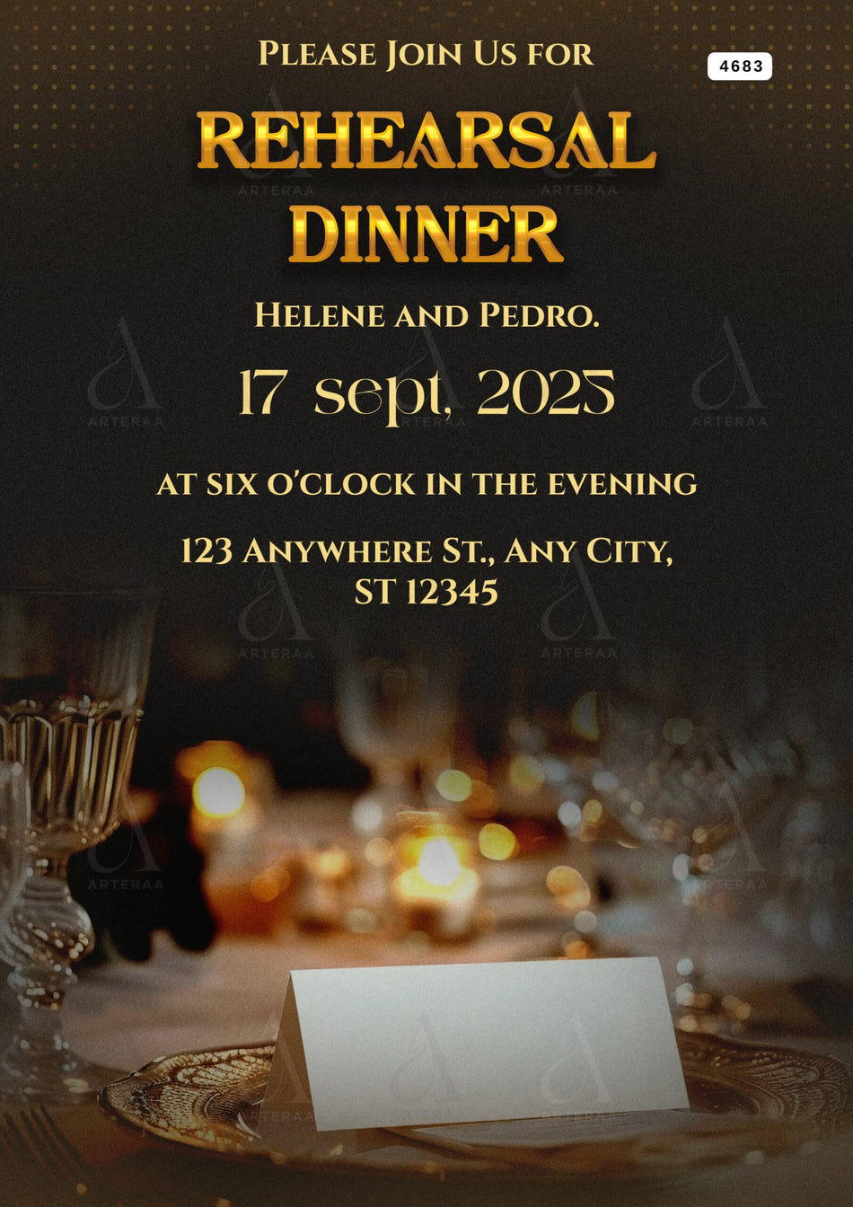 Rehearsal Dinner invitation Editable Canva Template in english language with royal theme design 4683