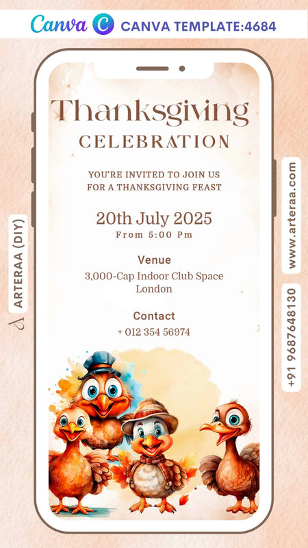 Thanksgiving Celebration invitation Editable Canva Template in english language with floral theme design 4684