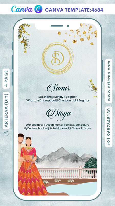 wedding ceremony invitation Canva Editable video Template of south indian kannada family in english language with mountain theme design 4684