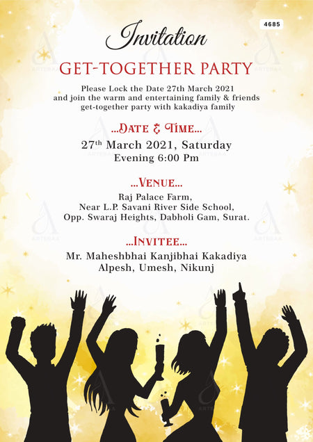 Get Together Party invitation card Editable CanvaTemplate in english language with aesthetic theme design 4685
