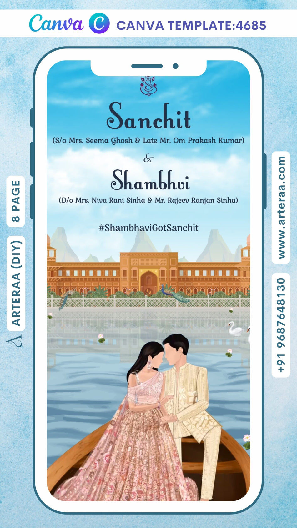 Wedding ceremony invitation Canva Editable video Template of hindu east India Bihari family in english language with beach theme design 4685