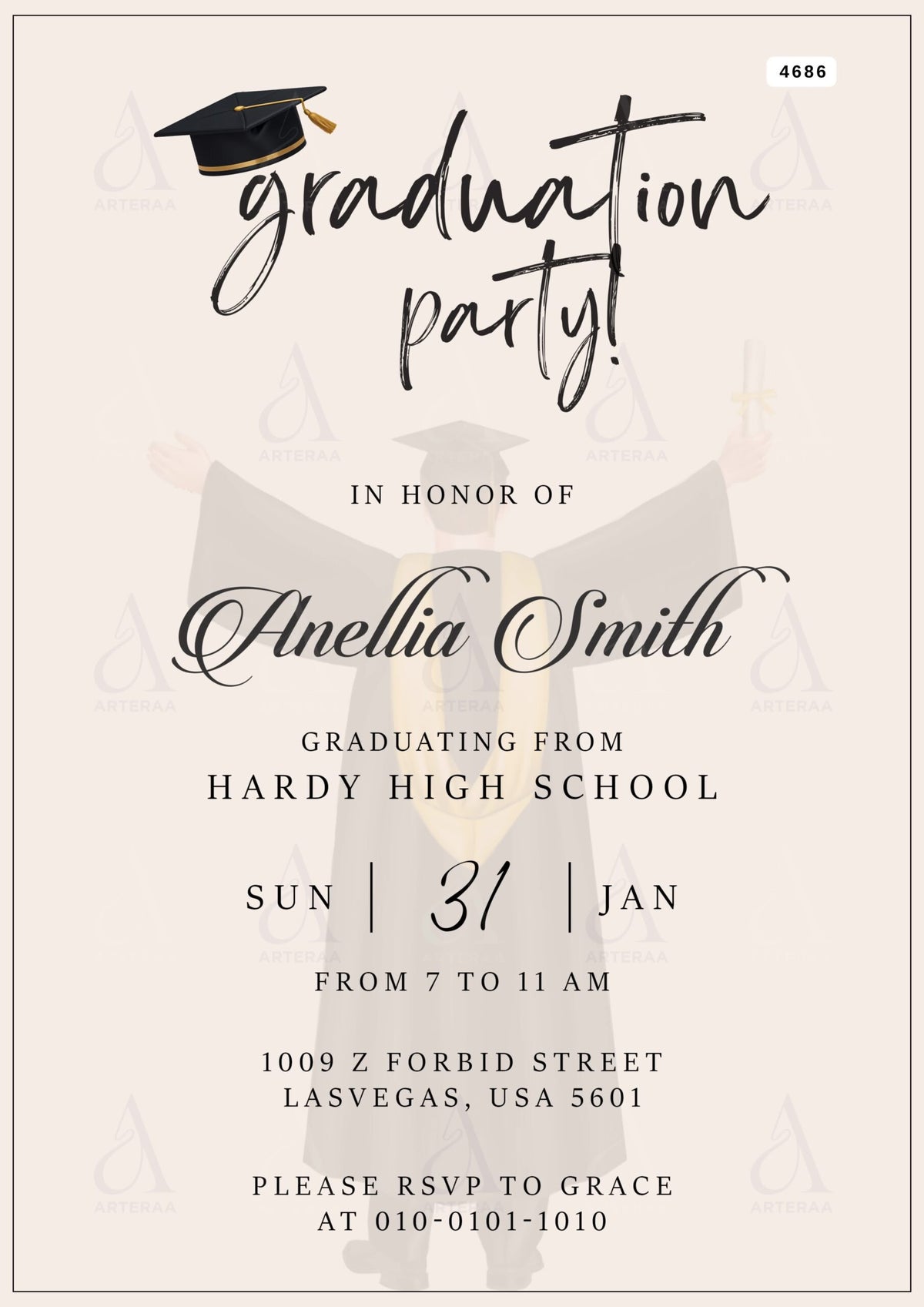 Graduation invitation card Editable CanvaTemplate in english language with minimalistic theme design 4686