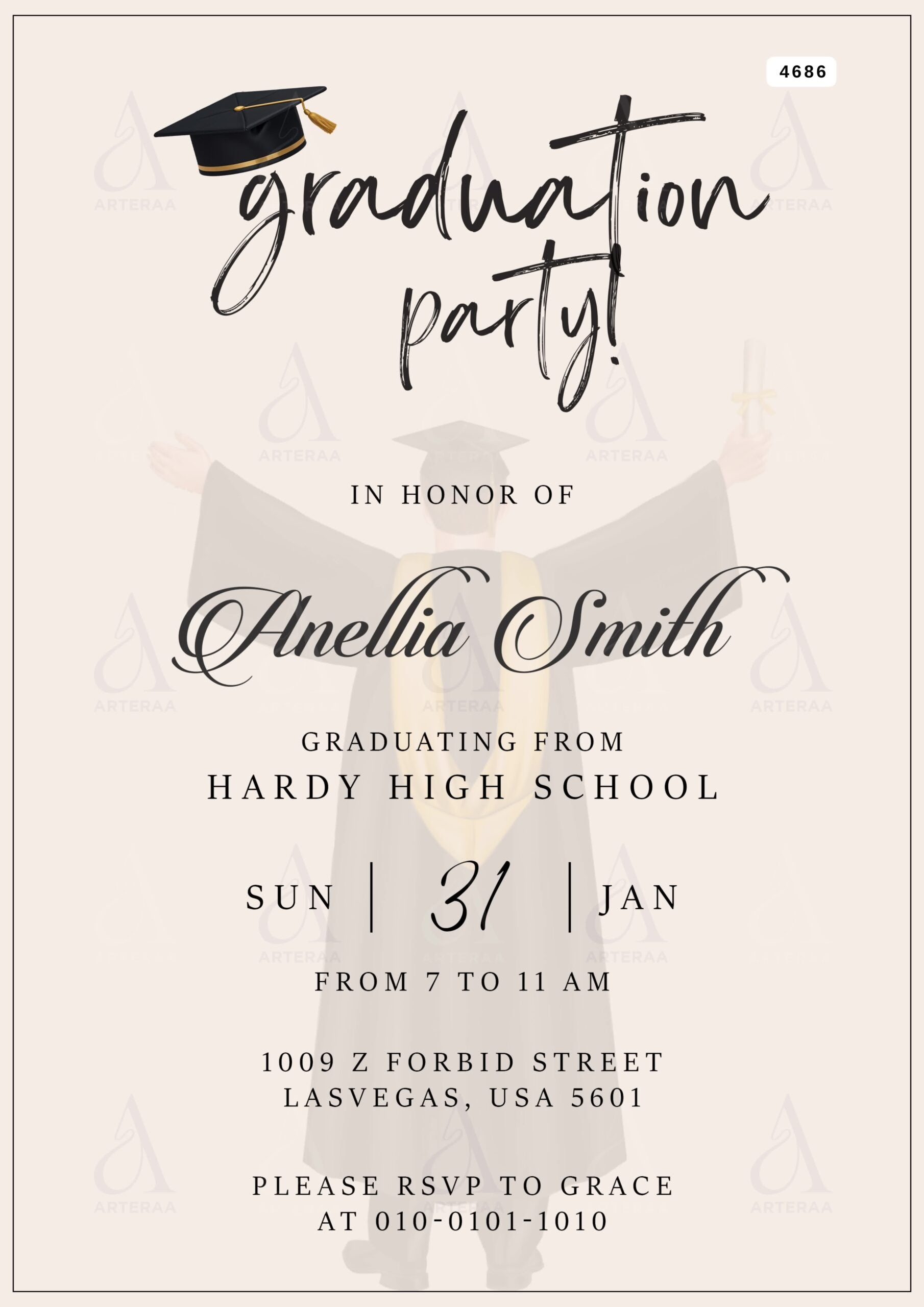 Graduation invitation card Editable CanvaTemplate in english language with minimalistic theme design 4686