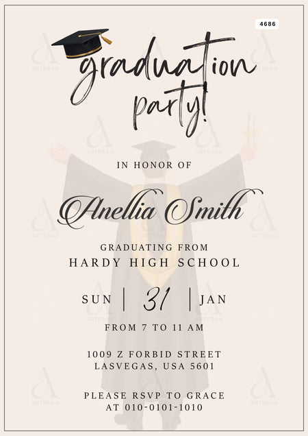 Graduation invitation card Editable CanvaTemplate in english language with minimalistic theme design 4686