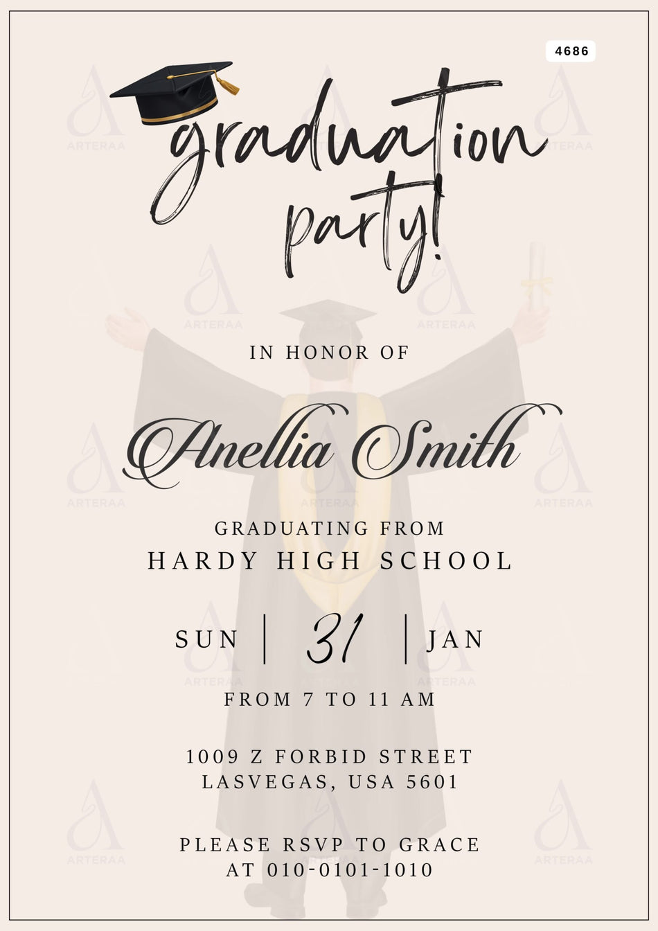Graduation invitation card Editable CanvaTemplate in english language with minimalistic theme design 4686