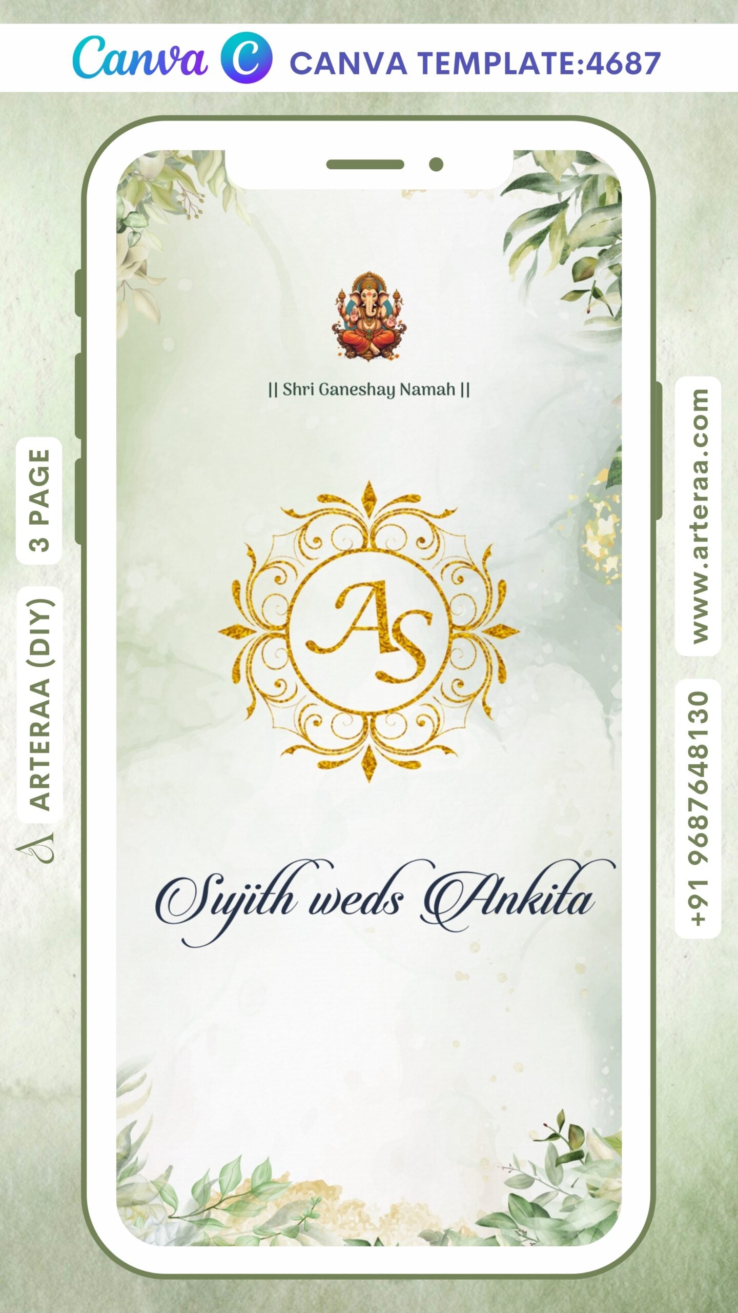 Wedding ceremony invitation Canva Editable video Template of hindu south indian kannada family in english language with artistic leaves theme design 4687