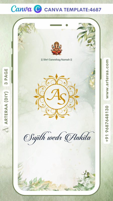 Wedding ceremony invitation Canva Editable video Template of hindu south indian kannada family in english language with artistic leaves theme design 4687