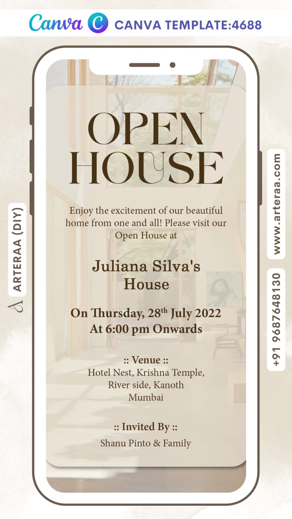 Open House Party invitation card Editable CanvaTemplate in english language with aesthetic theme design 4688