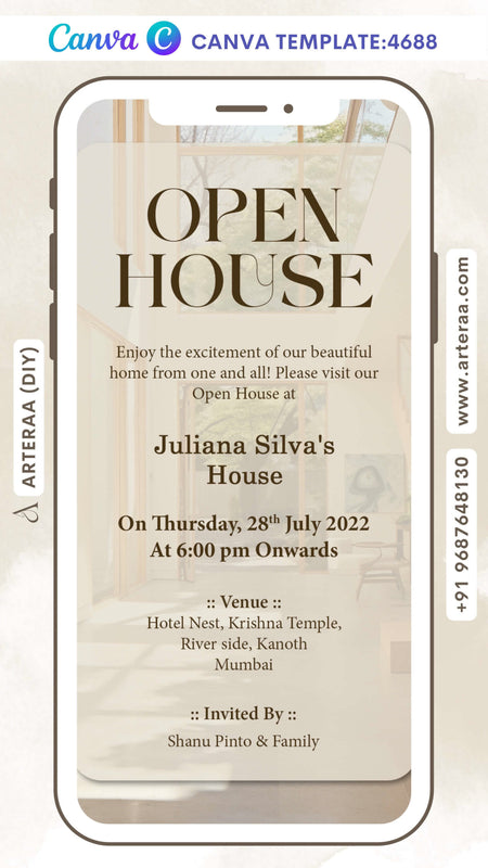 Open House Party invitation card Editable CanvaTemplate in english language with aesthetic theme design 4688