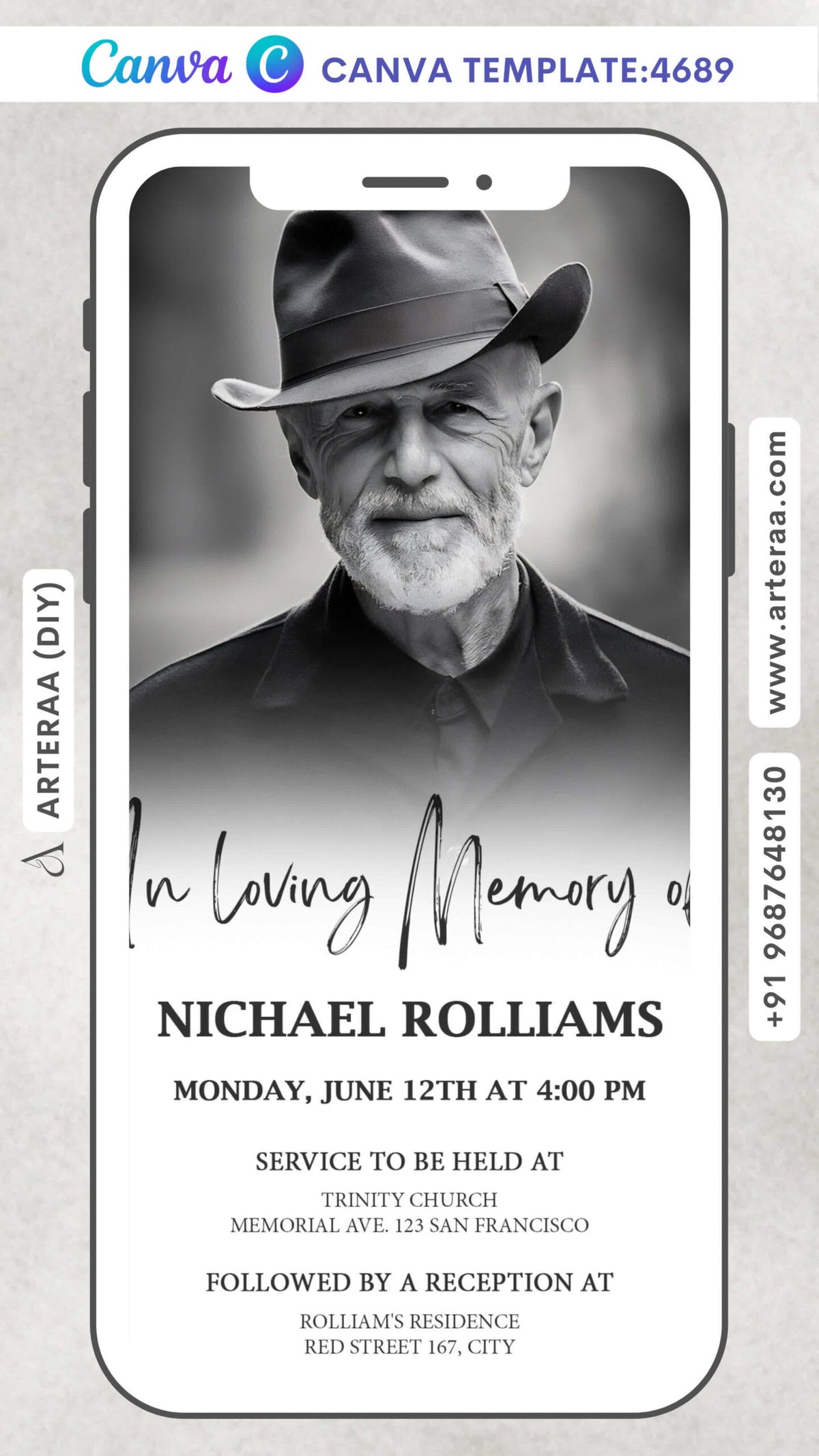 Memorial card Editable CanvaTemplate in english language with minimalistic theme design 4689