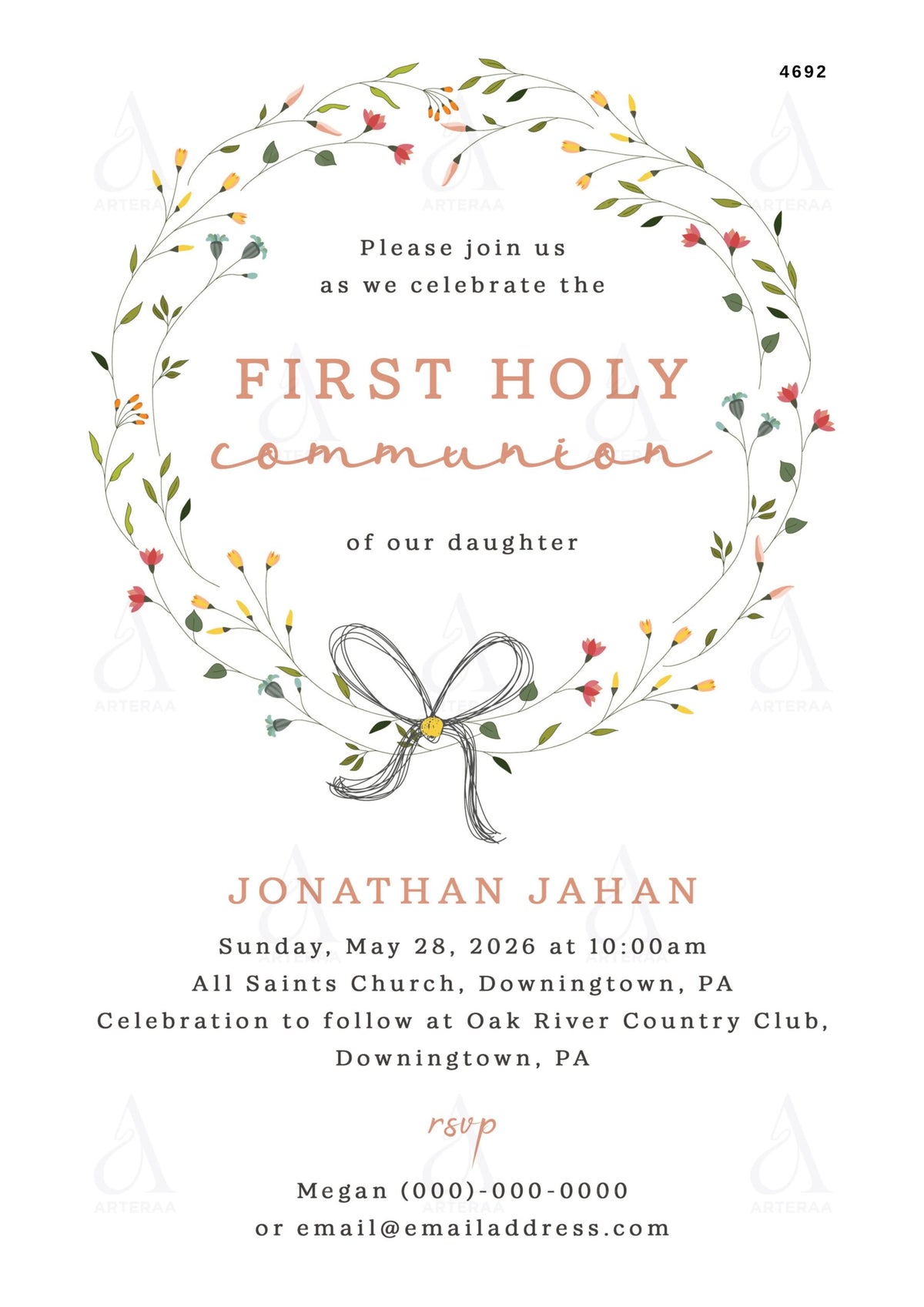 First holy communion ceremony invitation card Editable CanvaTemplate in english language with minimalistic theme design 4692