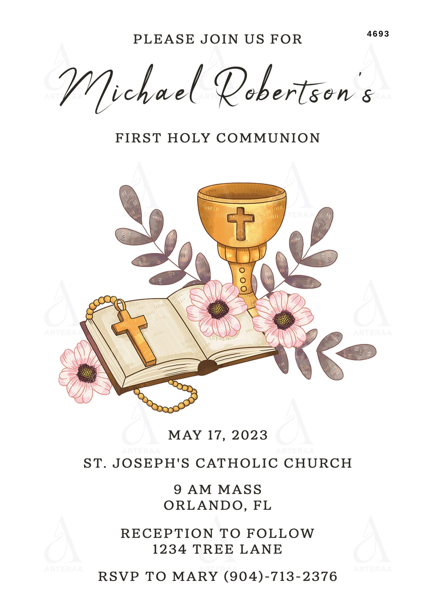 First holy communion ceremony invitation card Editable CanvaTemplate in english language with minimalistic theme design 4693