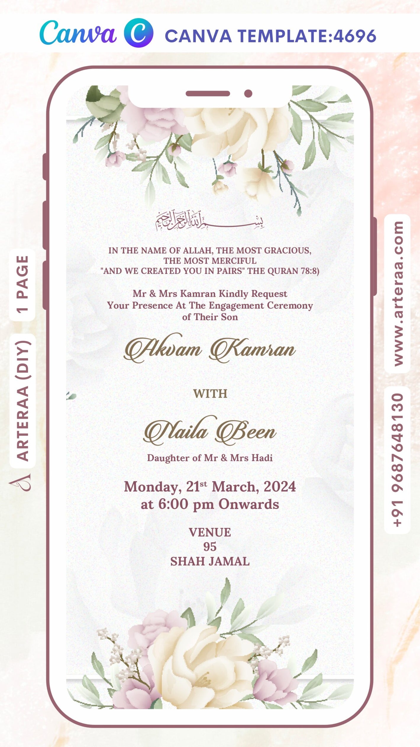 Muslim Engagement invitation card Editable CanvaTemplate of Islamic family in English language with floral theme design 4696