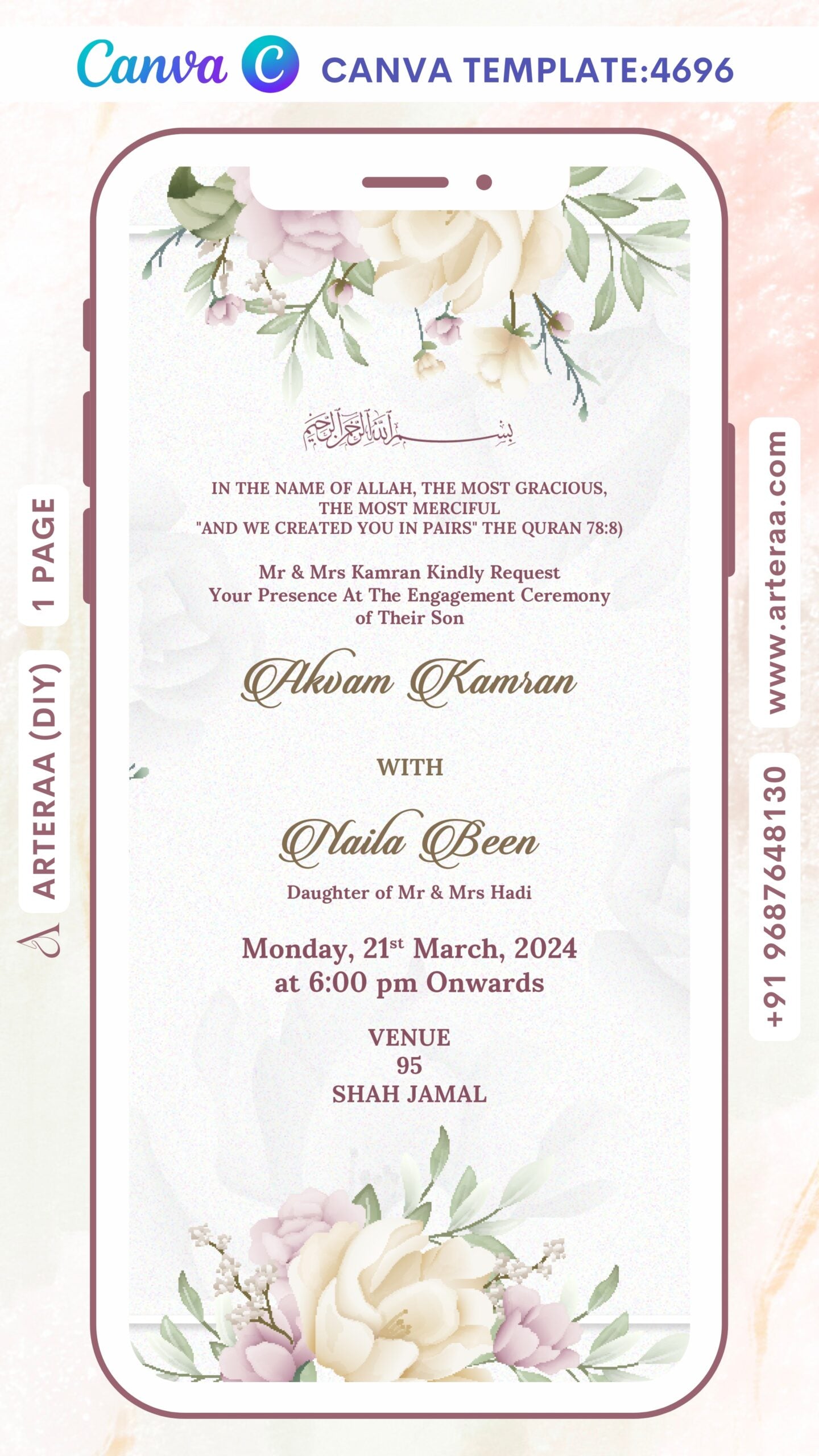 Muslim Engagement invitation card Editable CanvaTemplate of Islamic family in English language with floral theme design 4696