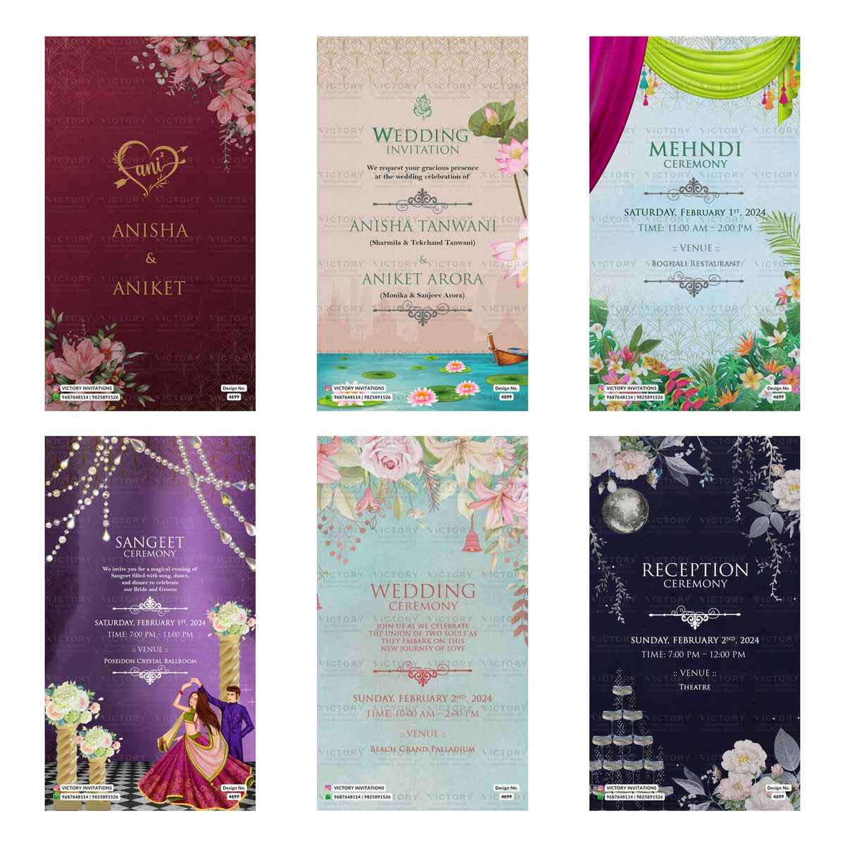 Indian wedding digital invitation card set 4699 featuring Anisha and Aniket, Mehndi Ceremony, Sangeet Ceremony, Wedding Ceremony, and Reception Ceremony templates.