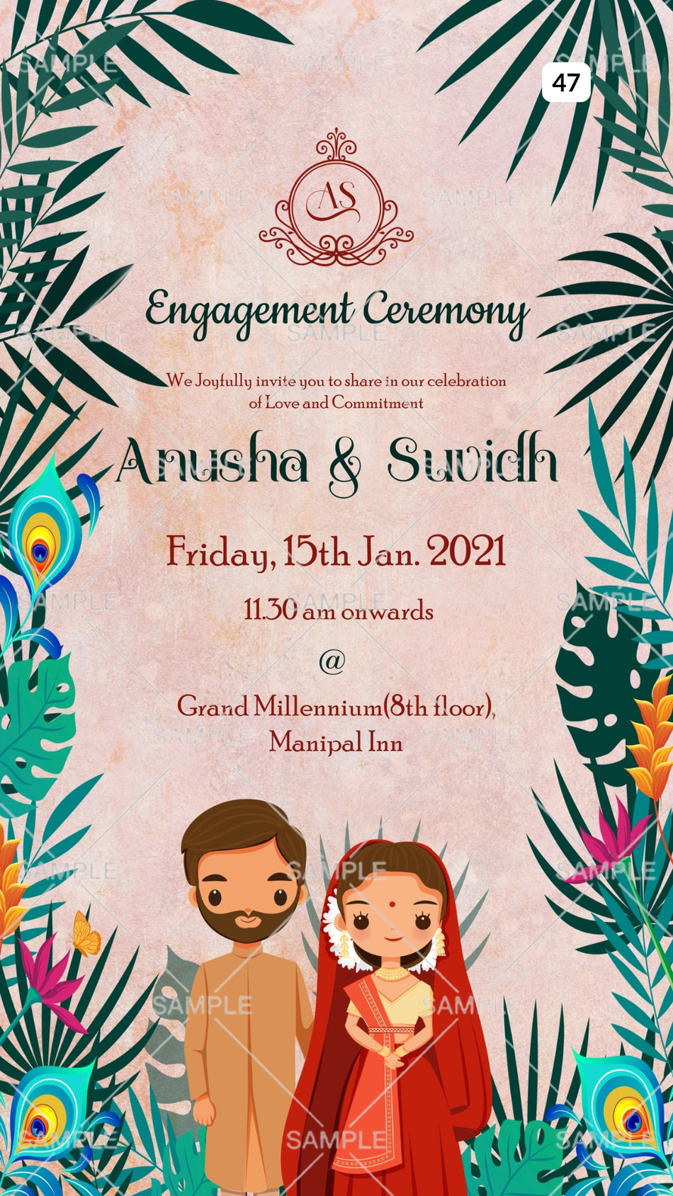 Engagement ceremony invitation card Canva Editable Template in english language with Peacock Feather as green leaves theme design 47
